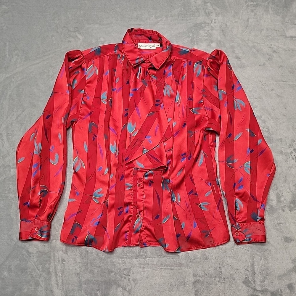 VTG Stuart Lang Shirt Womens 8 Red Abstract Floral Long Sleeve Made In USA